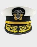 WWII U.S. Navy Admiral Dress White Peaked Cap – Summer Service Uniform – Gold Bullion Visor